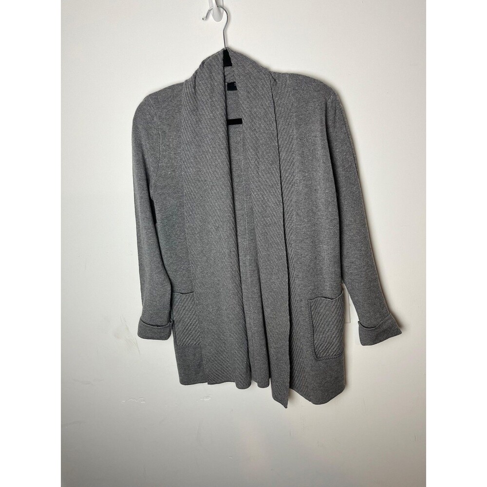 Tahari Sweater‎ Womens Medium Gray Open Front Cardigan Shawl Collar Pockets Knit